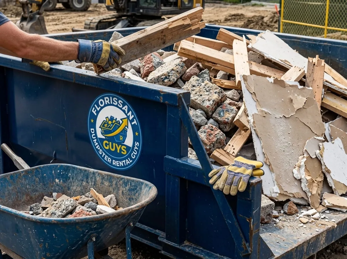 Close-up of construction rubble being loaded into a roll-off container by hand