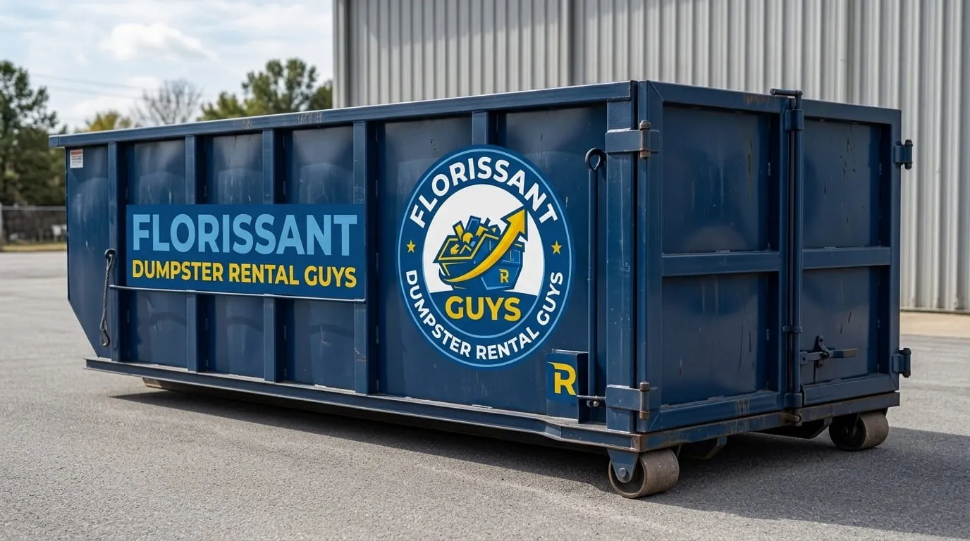 Florissant Dumpster Rental Guys roll-off truck fleet parked at the Florissant yard