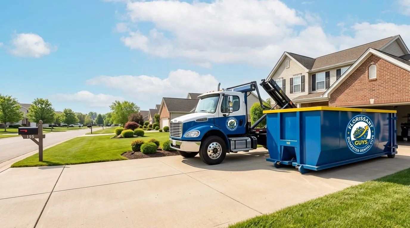 Roll-off truck delivering a dumpster to a Florissant, Missouri home
