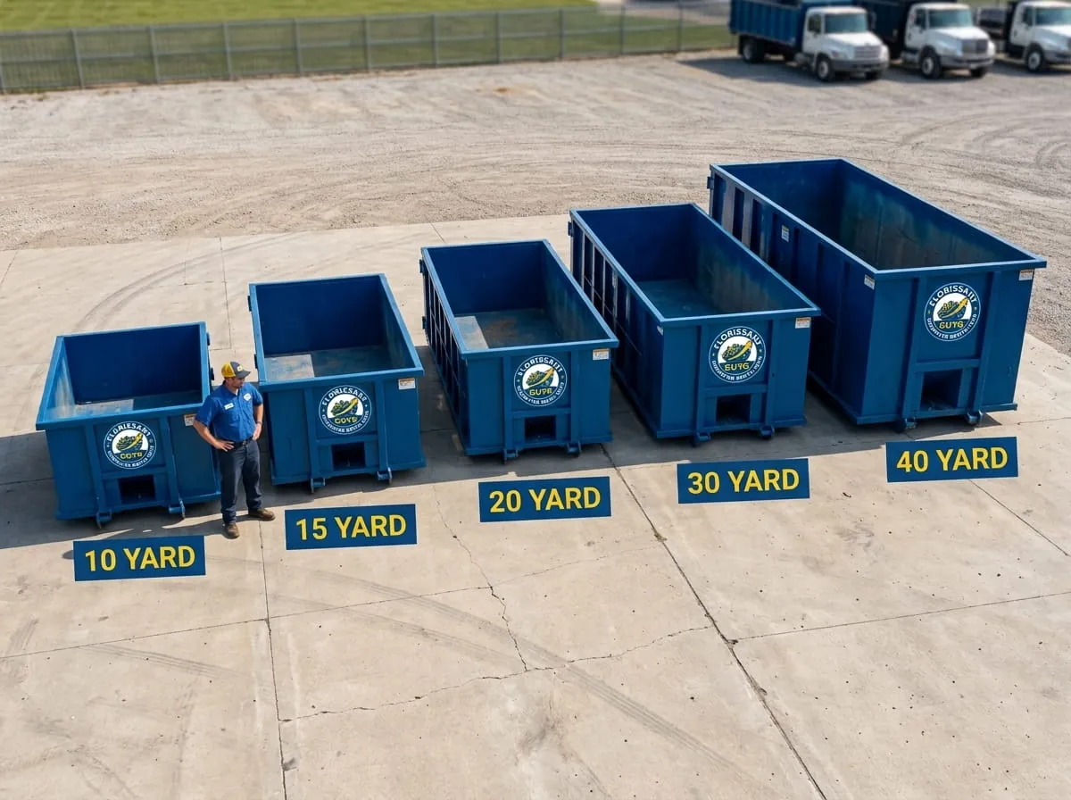 A row of roll-off containers from 10 to 40 yards at the Florissant Dumpster Rental Guys yard