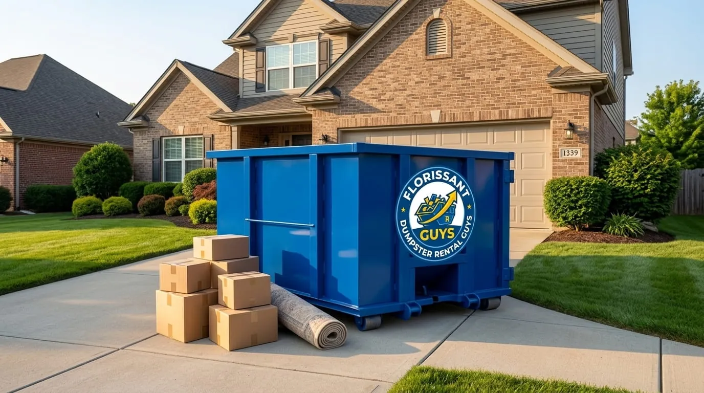 Roll-off container and packed boxes on a driveway during a Florissant cleanout
