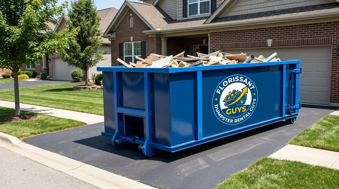 Loaded roll-off dumpster on a brick home driveway in Florissant, Missouri