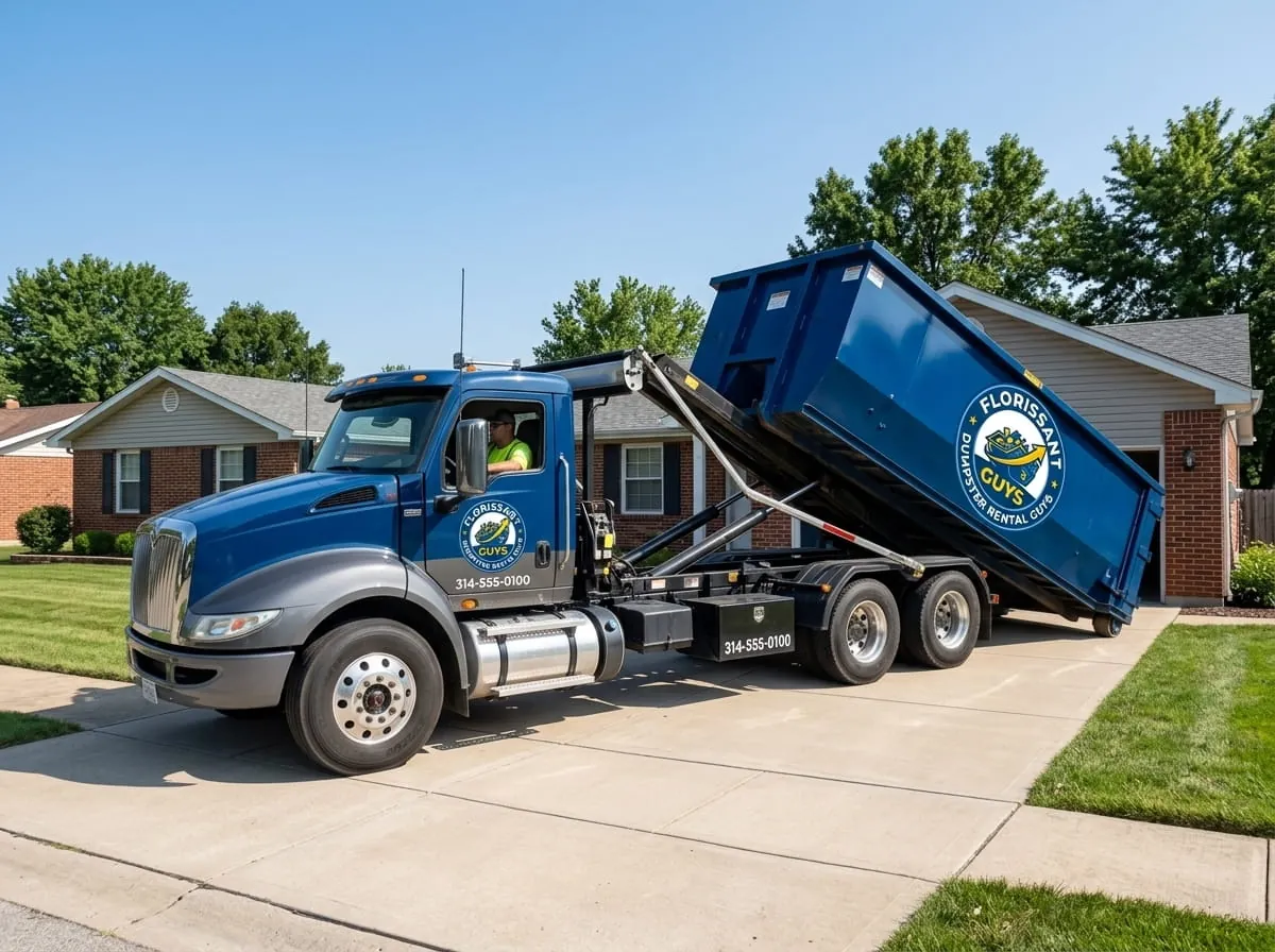 Roll-off truck setting a container down in Florissant, Missouri