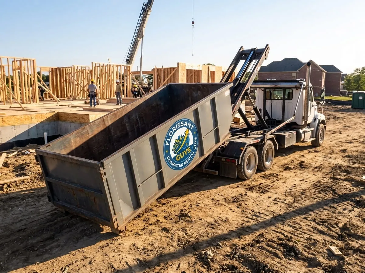 Roll-off container being placed at a Florissant, Missouri building site