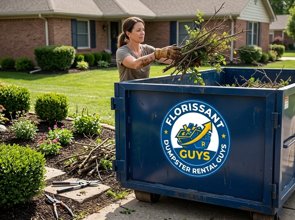 Homeowner loading branches and yard waste into a roll-off container in Florissant